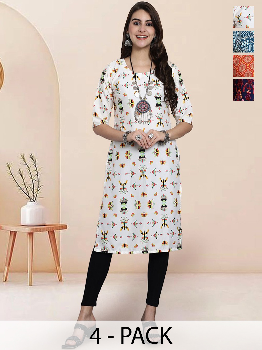 

7Threads Selection Of 4 Geometric Printed Round Neck Straight Kurtas, White