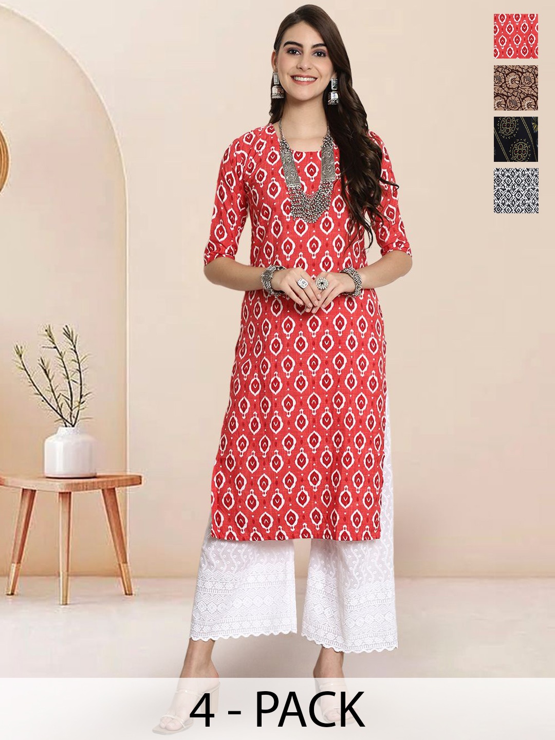

7Threads Selection of 4 Ethnic Motifs Printed Round Neck Straight Kurtas, Red