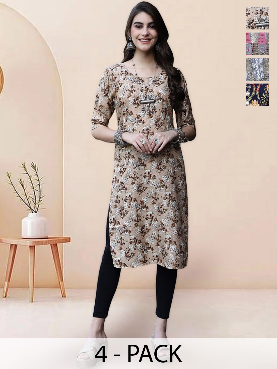 

7Threads Selection of 4 Floral Printed Round Neck Straight Kurtas, Beige