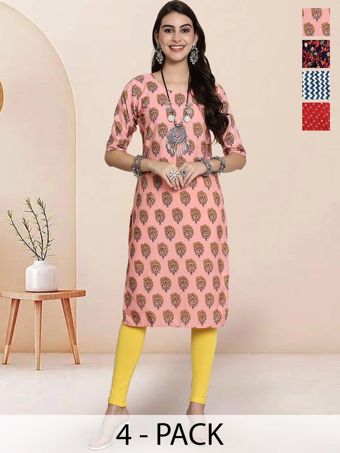 

7Threads Selection of 4 Floral Printed Round Neck Straight Kurtas, Pink