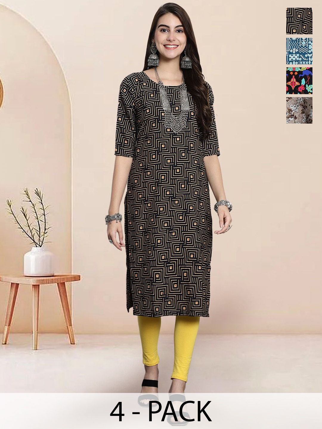 

7Threads Selection Of 4 Geometric Printed Straight Kurtas, Black