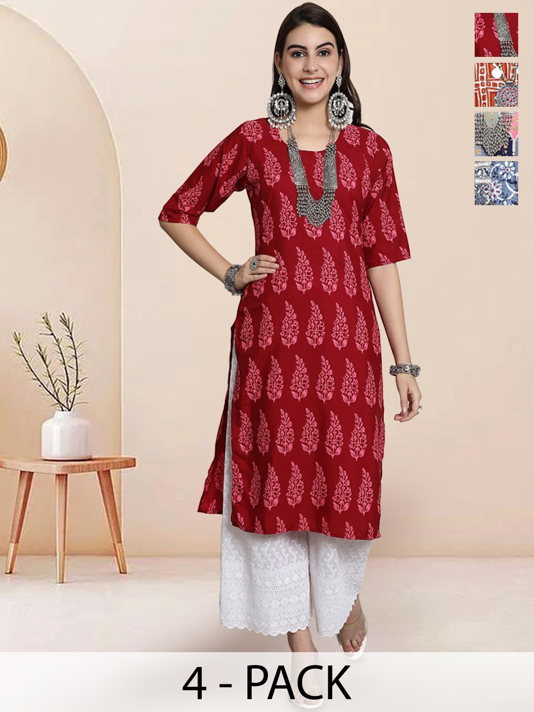 

7Threads Selection of 4 Paisley Printed Round Neck Straight Kurta, Red