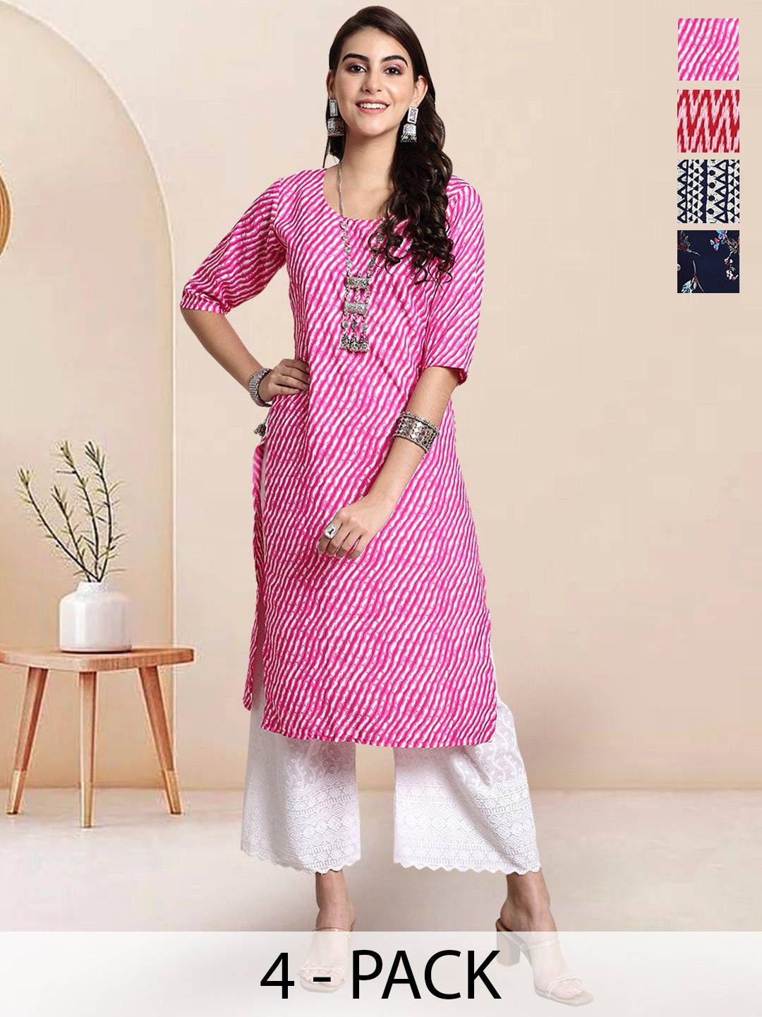 

7Threads Selection Of 4 Leheriya Printed Round Neck Straight Kurtas, Pink