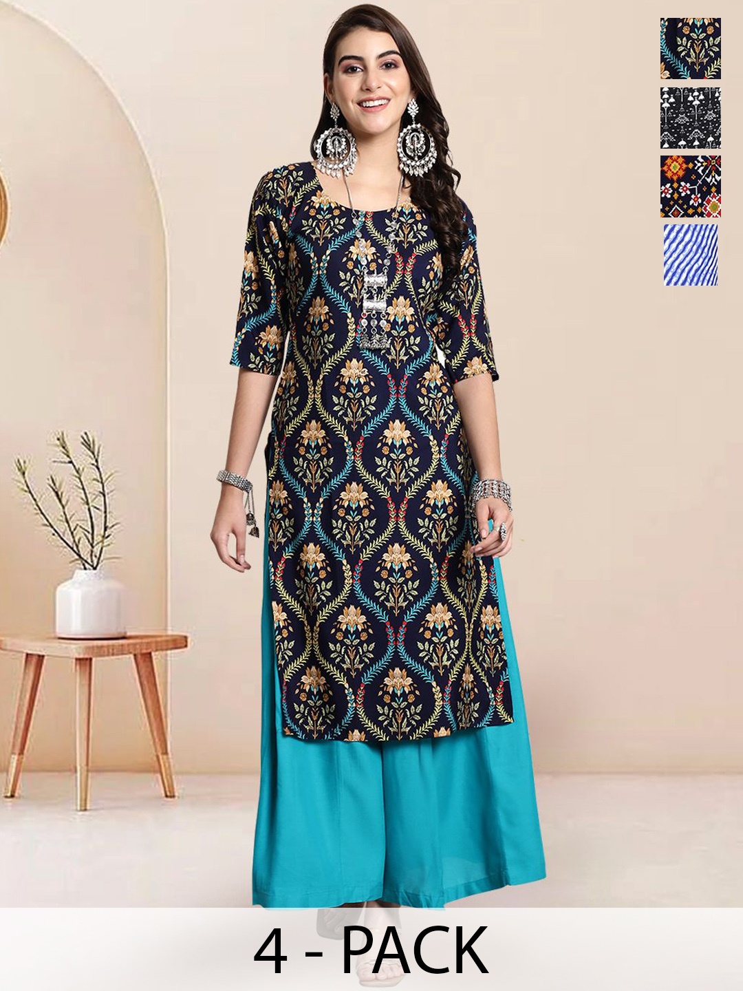 

7Threads Selection of 4 Floral Printed Round Neck Straight Kurta, Navy blue