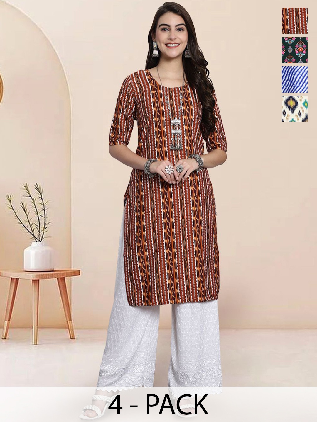 

7Threads Selection of 4 Striped Printed Round Neck Straight Kurtas, Red
