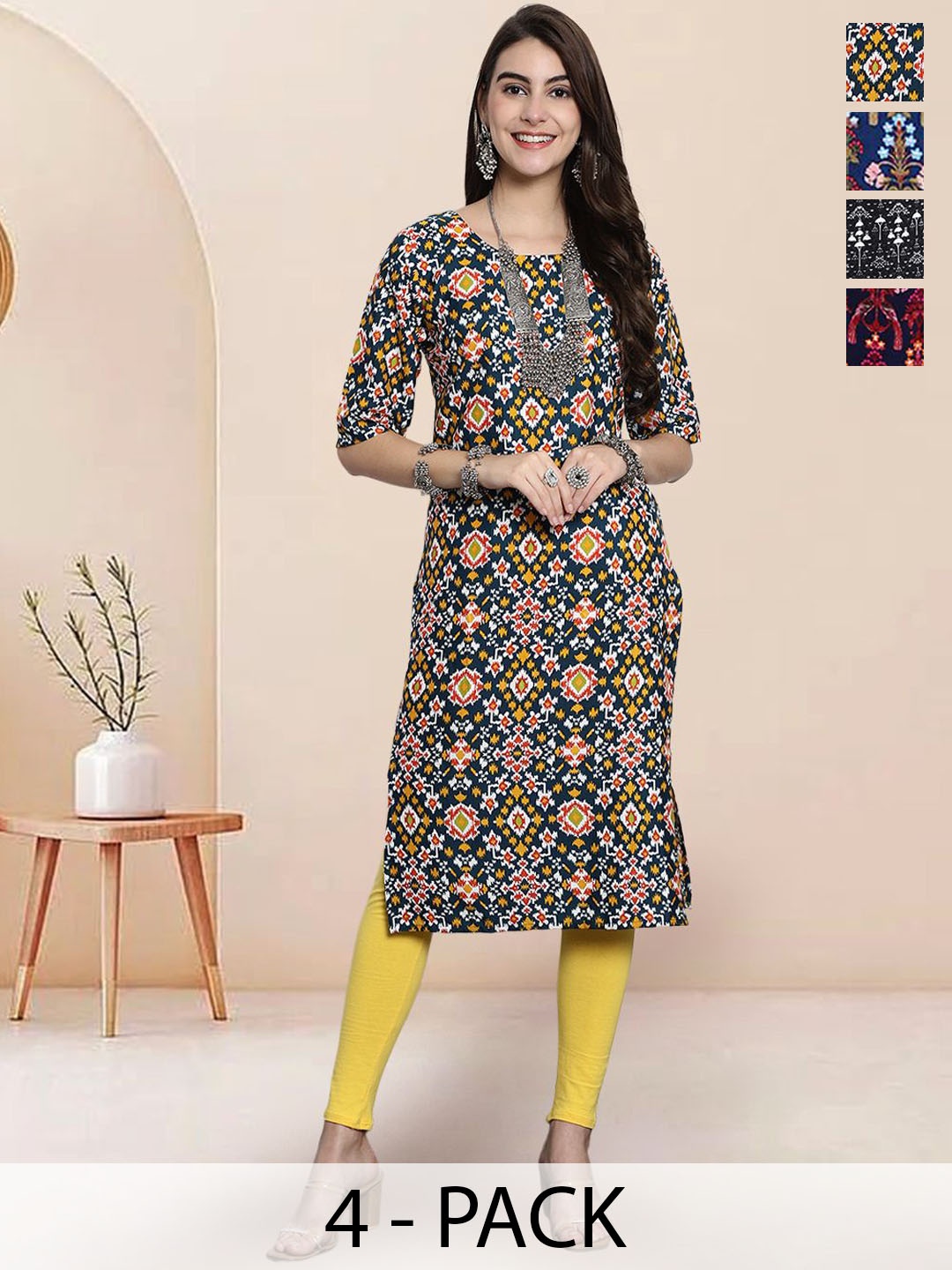 

7Threads Selection Of 4 Geometric Printed Round Neck Straight Kurtas, Navy blue