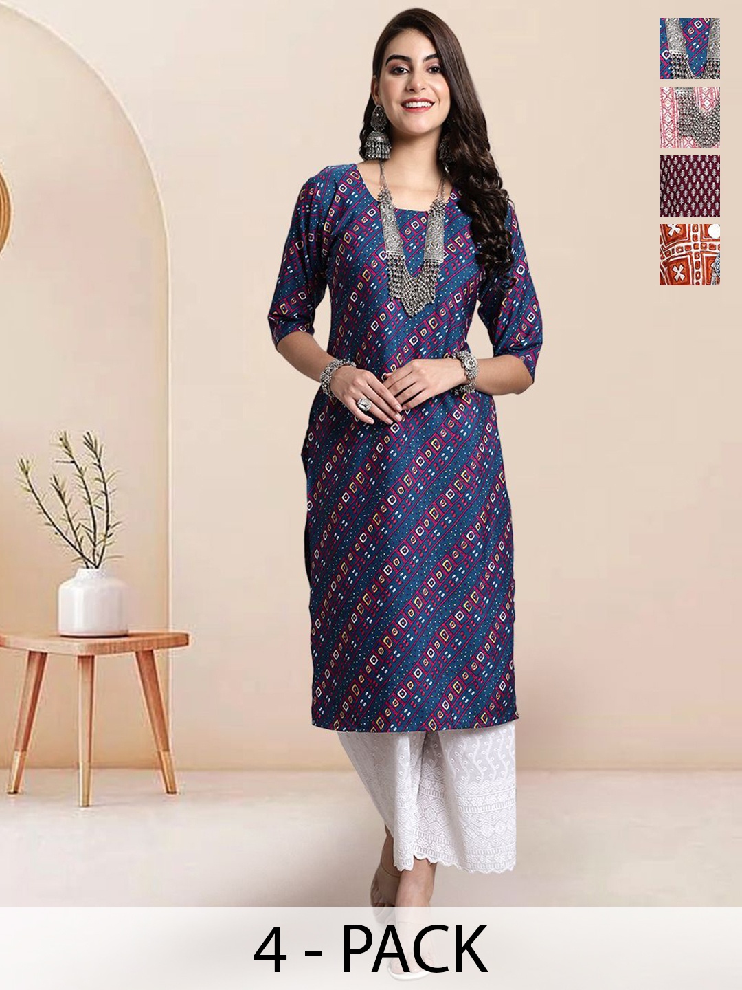 

7Threads Selection Of 4 Geometric Printed Round Neck Straight Kurtas, Navy blue