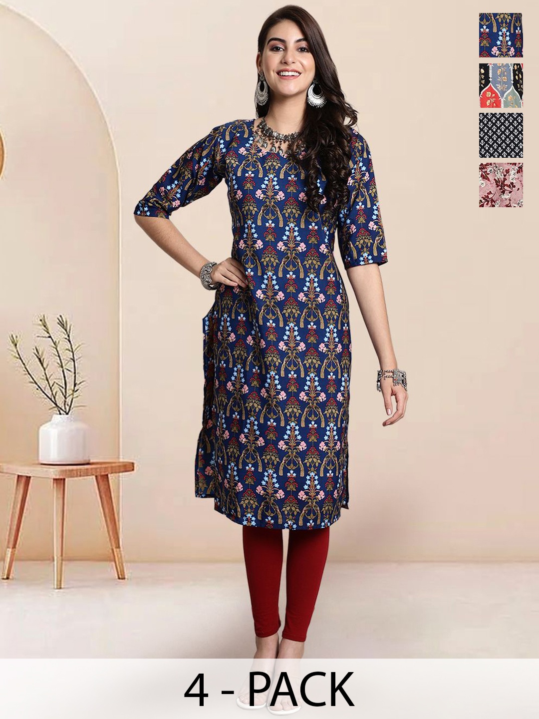 

7Threads Selection Of 4 Floral Printed Round Neck Straight Kurtas, Navy blue