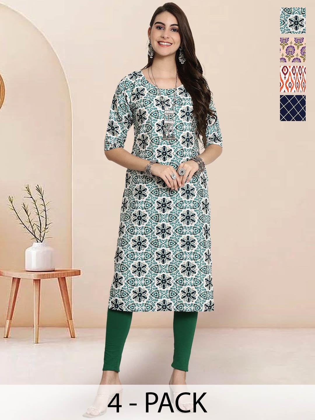 

7Threads Selection Of 4 Floral Printed Round Neck Straight Kurtas, Green