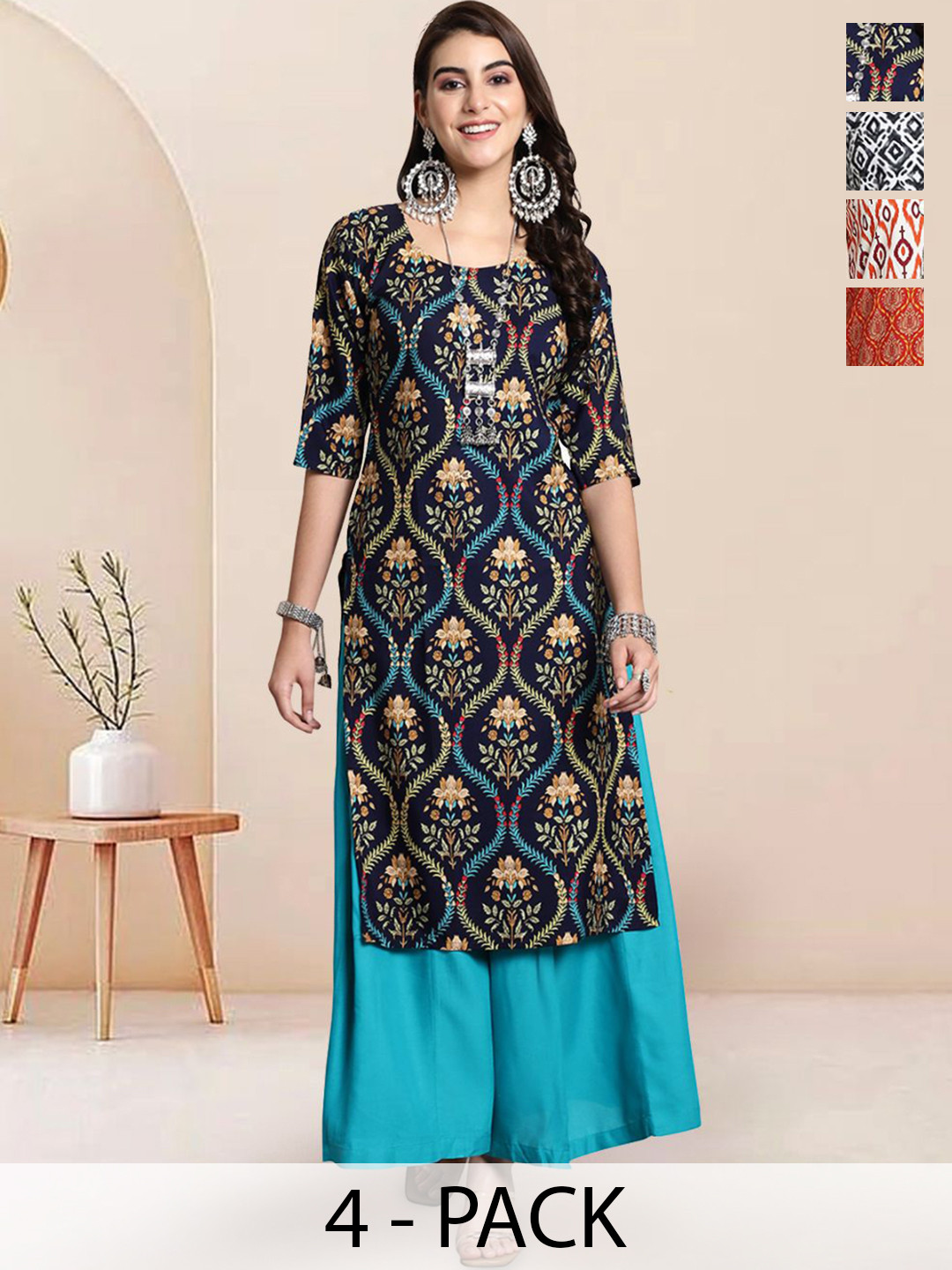 

7Threads Selection Of 4 Floral Printed Round Neck Straight Kurtas, Navy blue