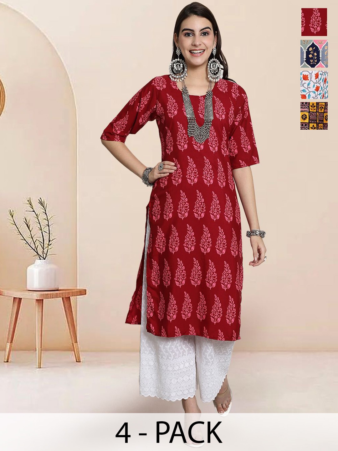 

7Threads Selection Of 4 Geometric Printed Round Neck Straight Kurtas, Maroon