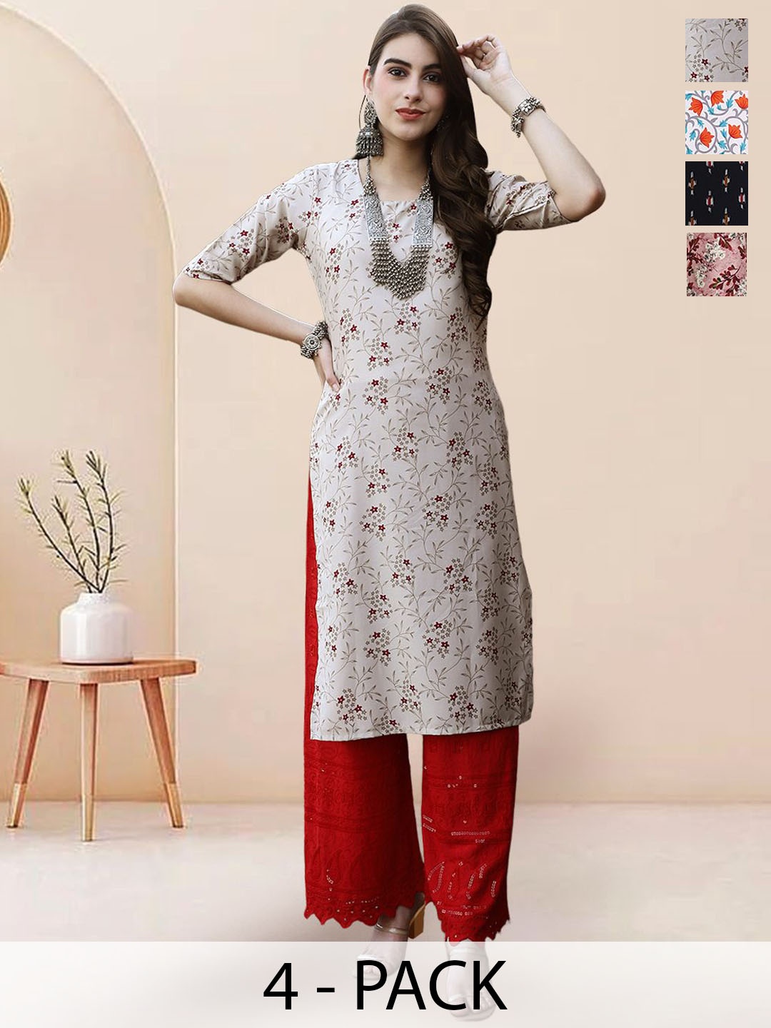 

7Threads Selection of 4 Floral Printed Round Neck Straight Kurtas, Beige
