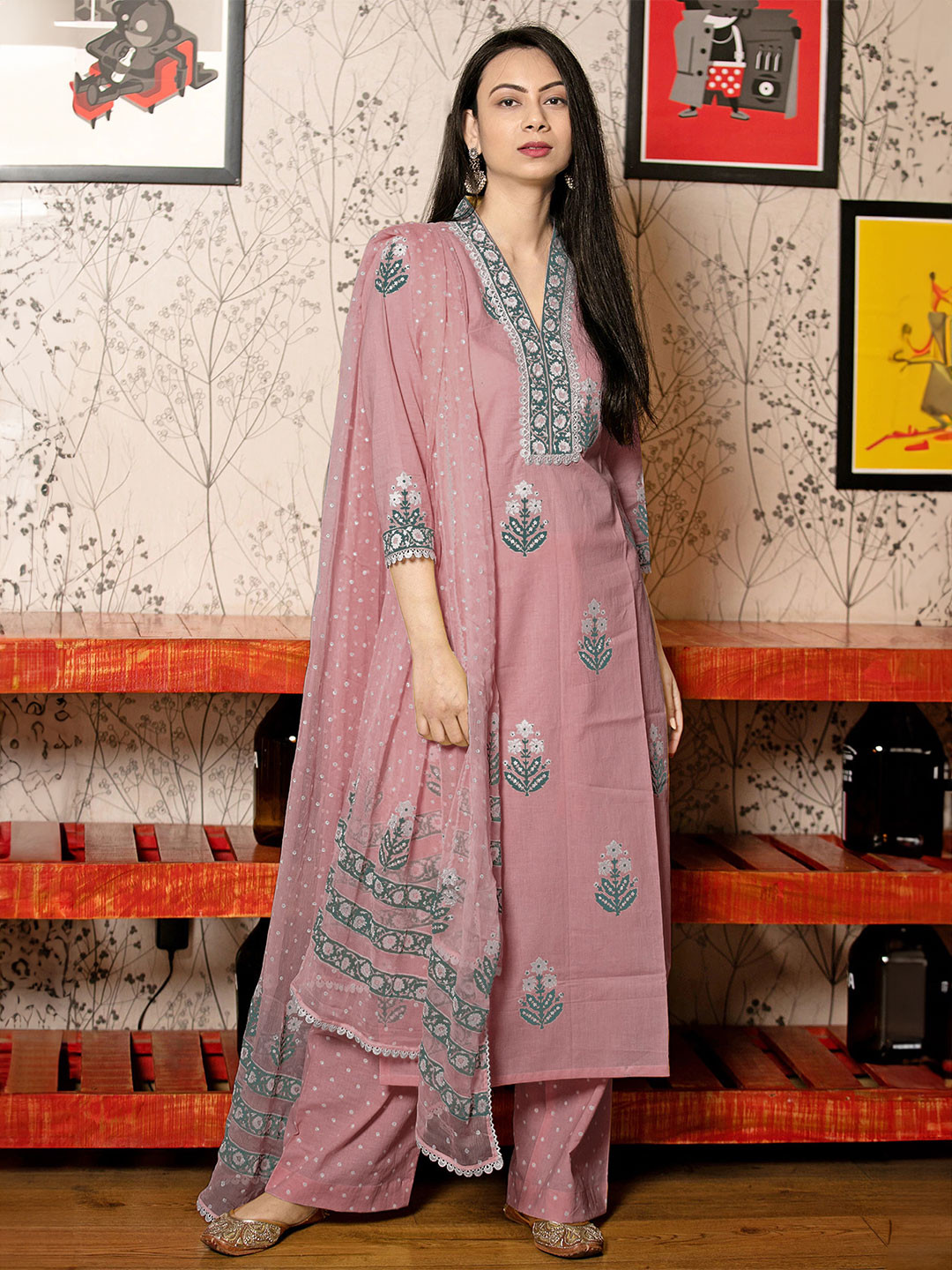 

Anni Designer Floral Printed V-Neck Straight Kurta With Palazzos And Dupatta, Pink
