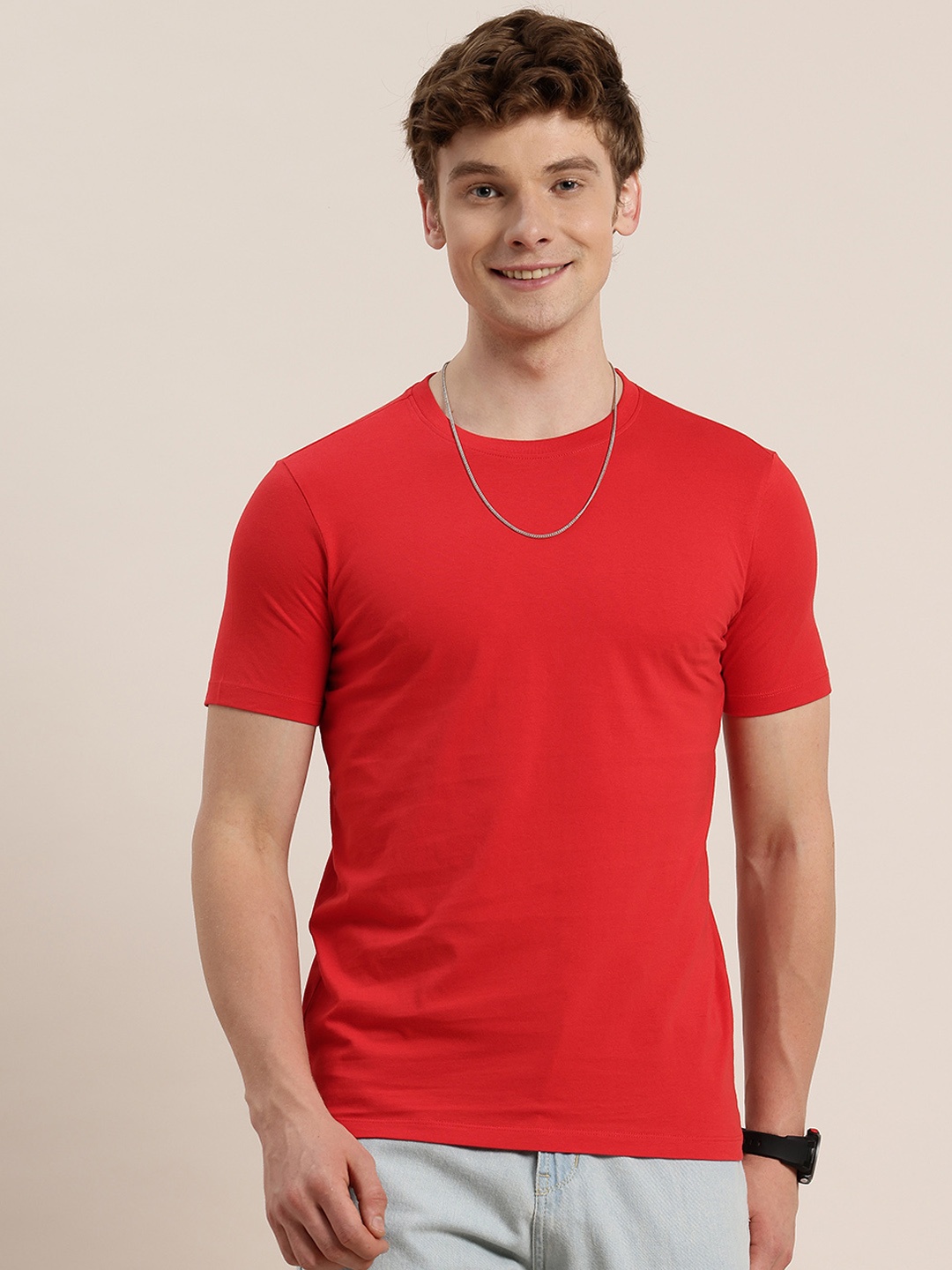 

HERE&NOW Pure Cotton Solid Casual T-shirt, Red