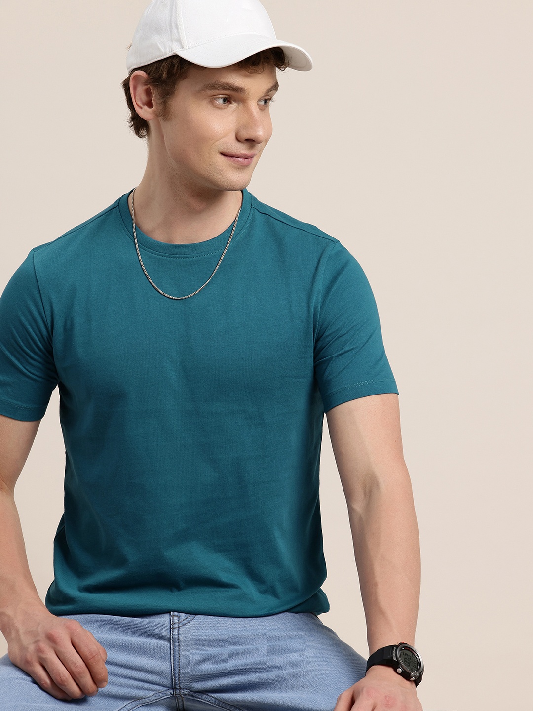 

HERE&NOW Pure Cotton Solid Casual T-shirt, Teal