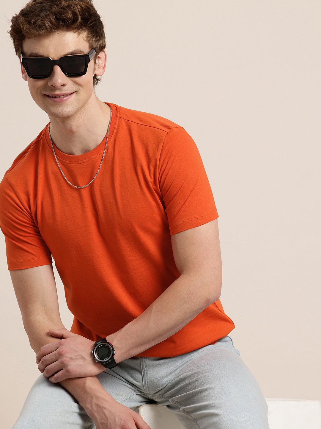 

HERE&NOW Pure Cotton Solid Casual T-shirt, Rust