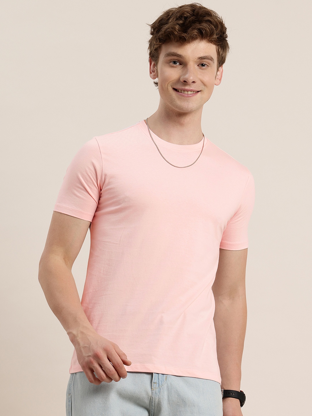 

HERE&NOW Pure Cotton Solid Casual T-shirt, Pink