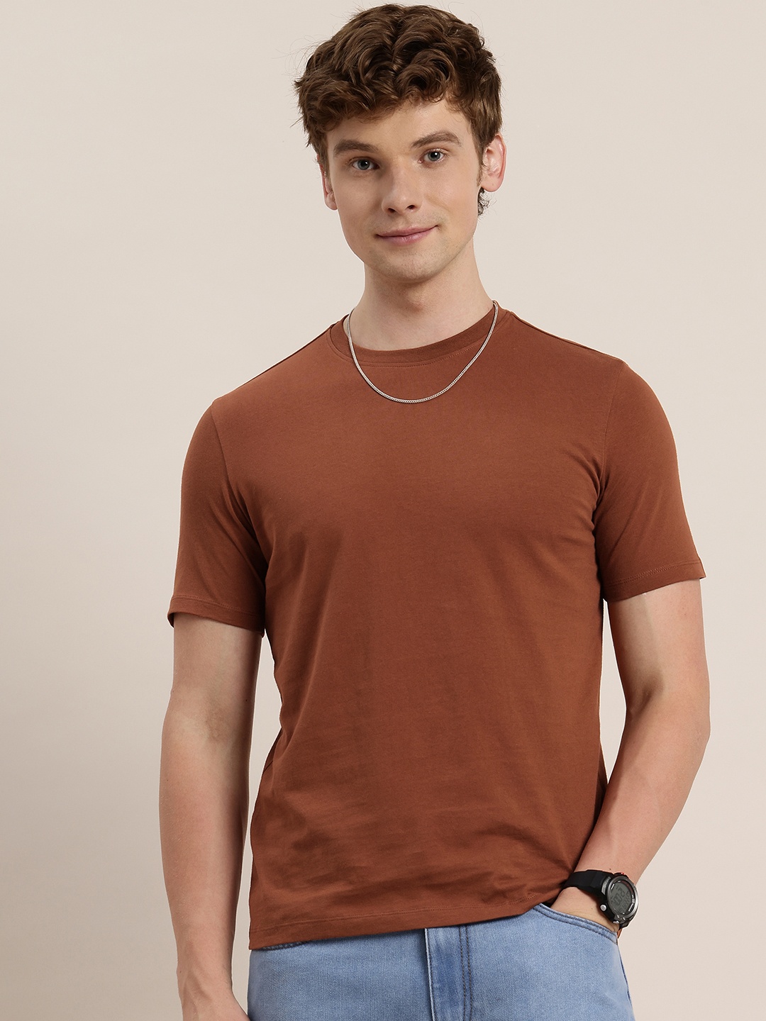 

HERE&NOW Pure Cotton Solid Casual T-shirt, Brown