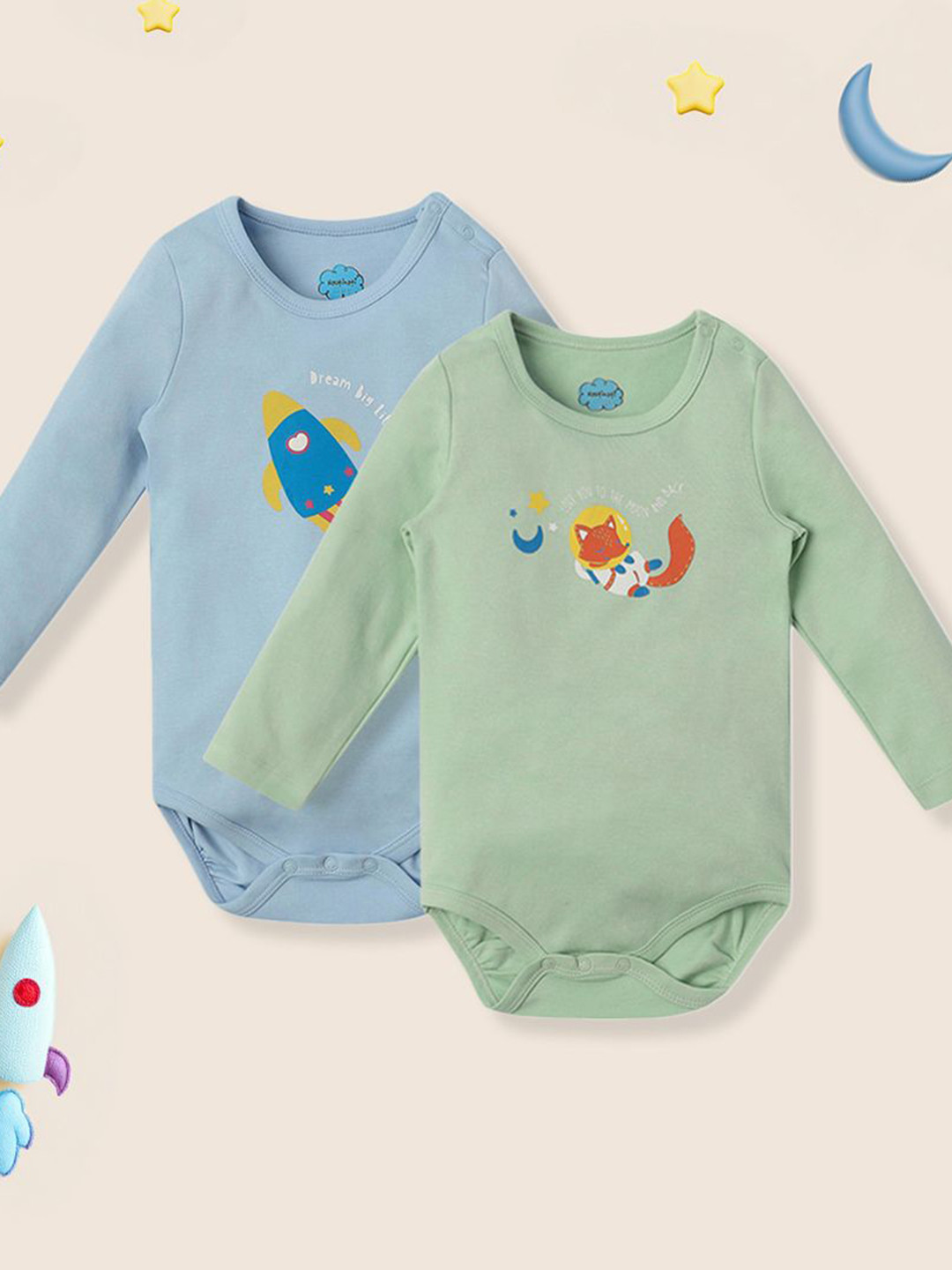 

Nauti Nati Infants Kids Pack of 2 Pure Cotton Graphic Printed Bodysuits, Blue
