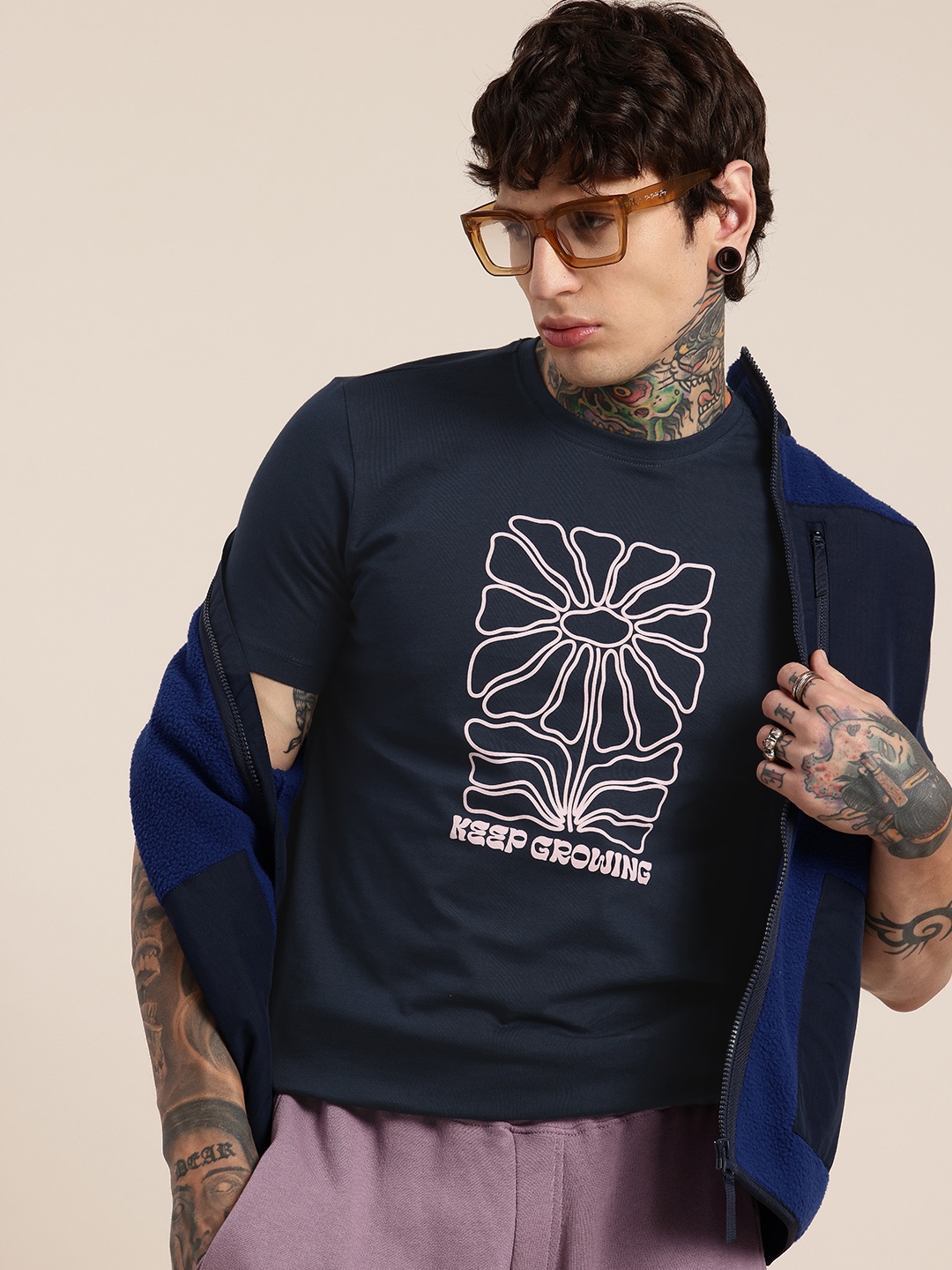 

HERE&NOW Floral Printed Pure Cotton T-shirt, Navy blue