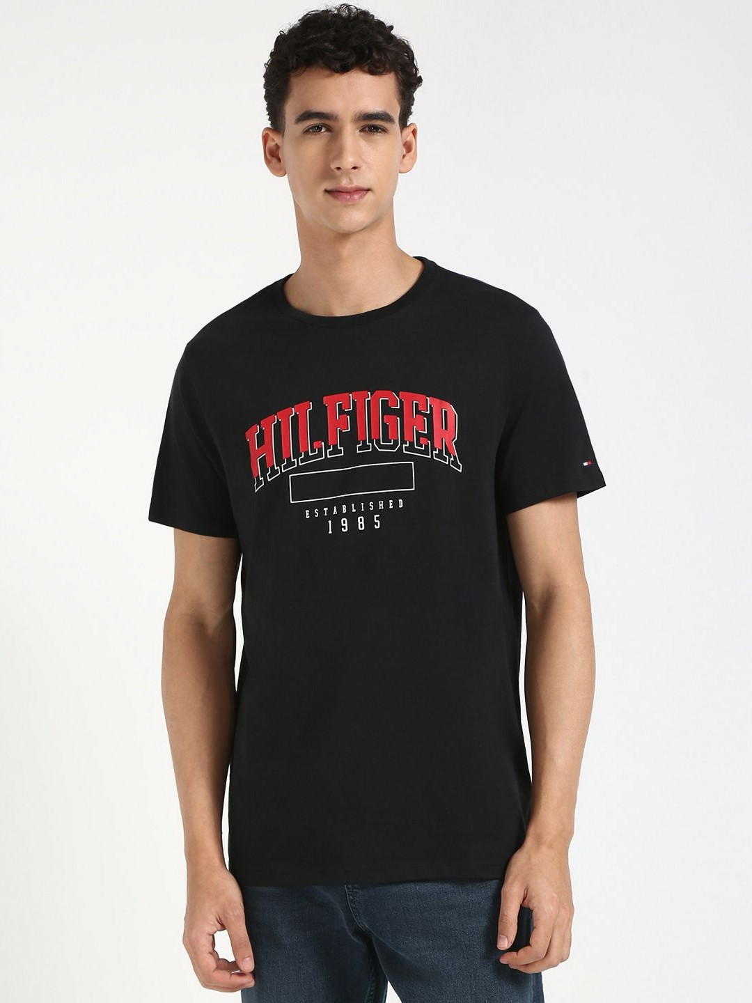 

Tommy Hilfiger Men HANK Typography Printed Round Neck Cotton T-shirt, Black