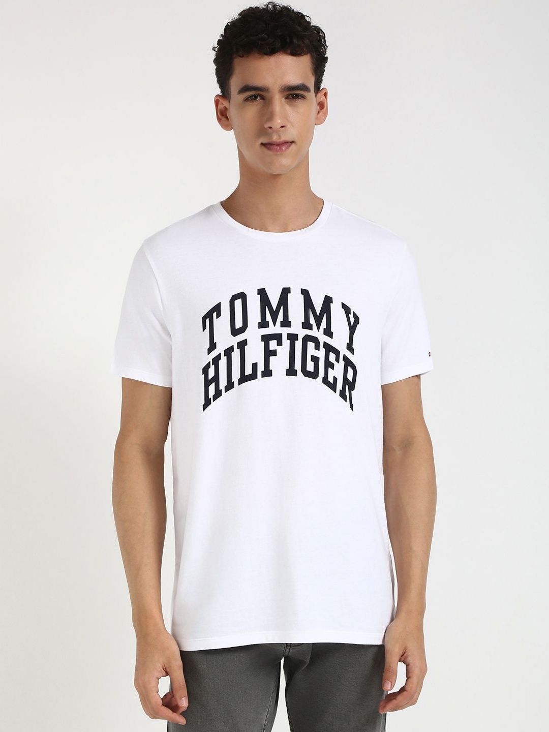 

Tommy Hilfiger Men BECKER Typography Printed Round Neck Cotton T-shirt, White