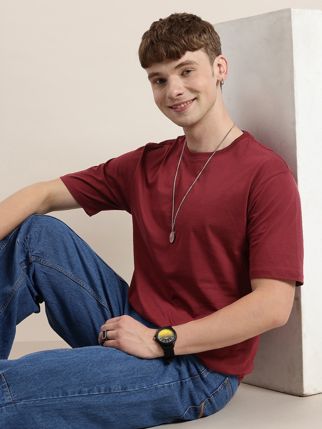 

HERE&NOW Pure Cotton Relaxed T-shirt, Maroon