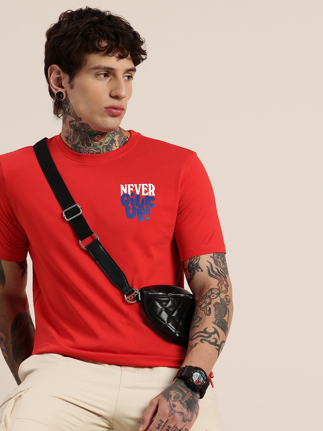 

HERE&NOW Solid Pure Cotton T-shirt with Minimal Print, Red