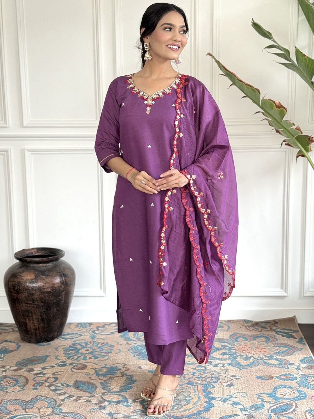 

PARNAVI Floral Embroidered Thread Work Chanderi Cotton Kurta With Trousers And Dupatta, Purple