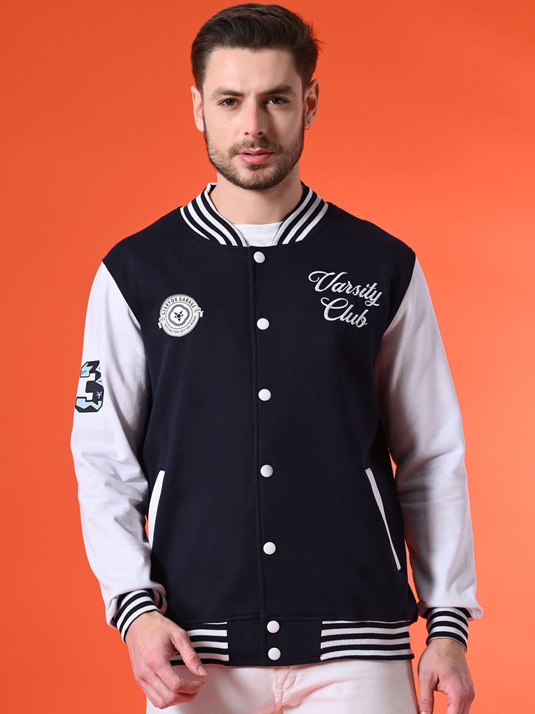 

STARFOX Men Stand Collar Typography Printed Fleece Casual Lightweight Varsity Jacket, Navy blue