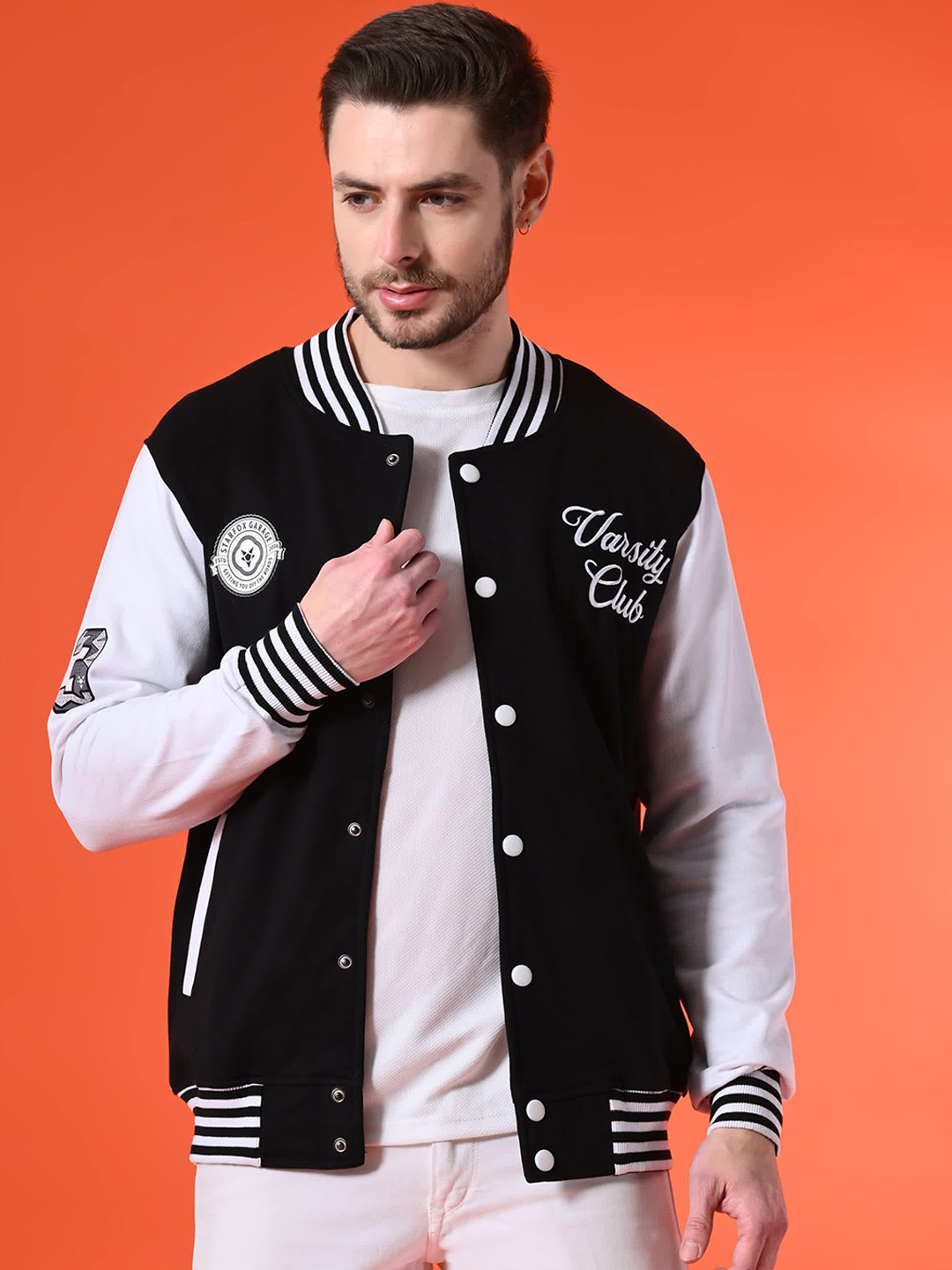 

STARFOX Men Stand Collar Typography Printed Fleece Casual Lightweight Varsity Jacket, Black