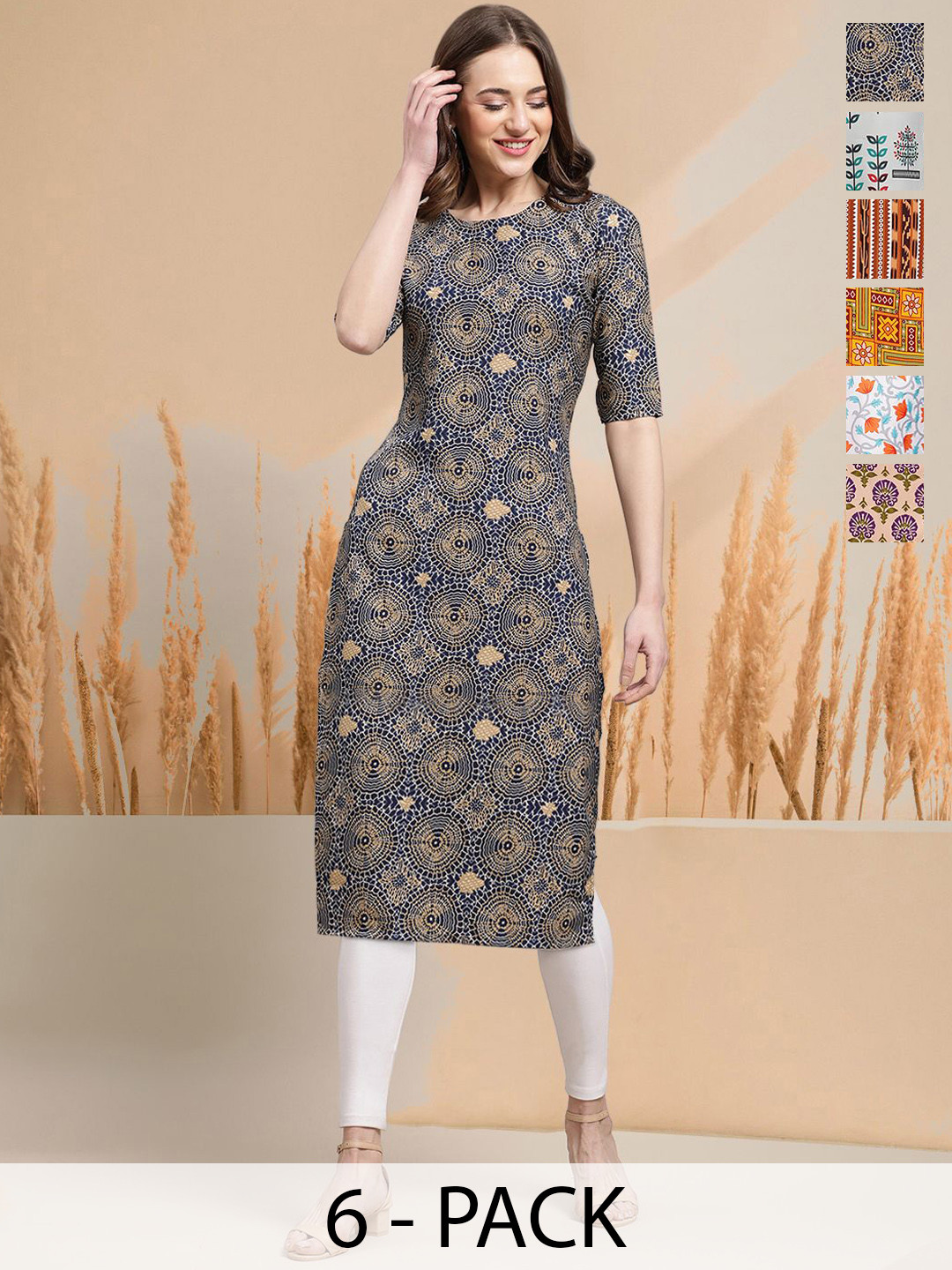 

7Threads Selection of 6 Geometric Printed Round Neck Straight Kurta, Navy blue
