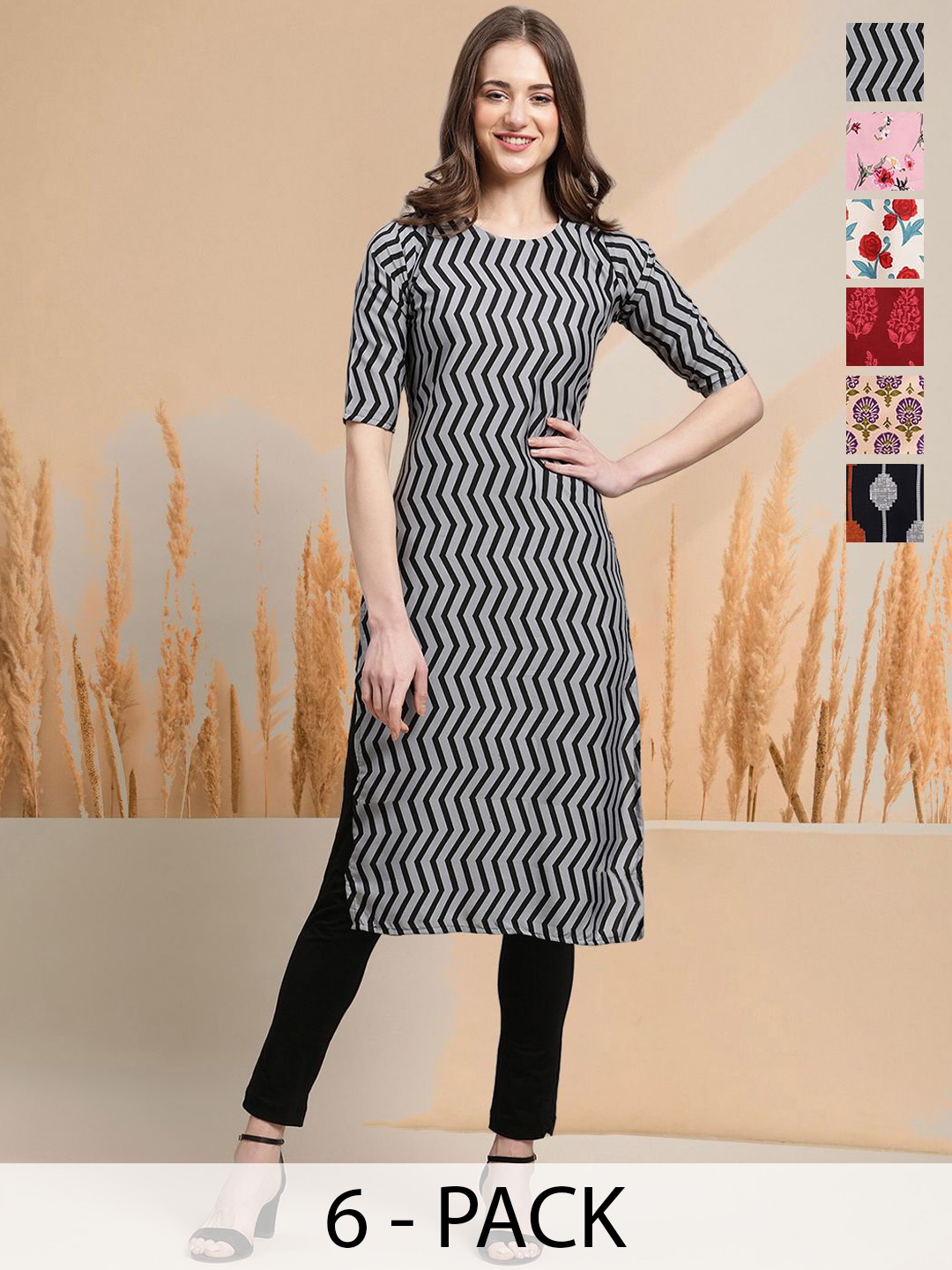 

7Threads Selection Of 6 Chevron Printed Round Neck Straight Kurtas, Black