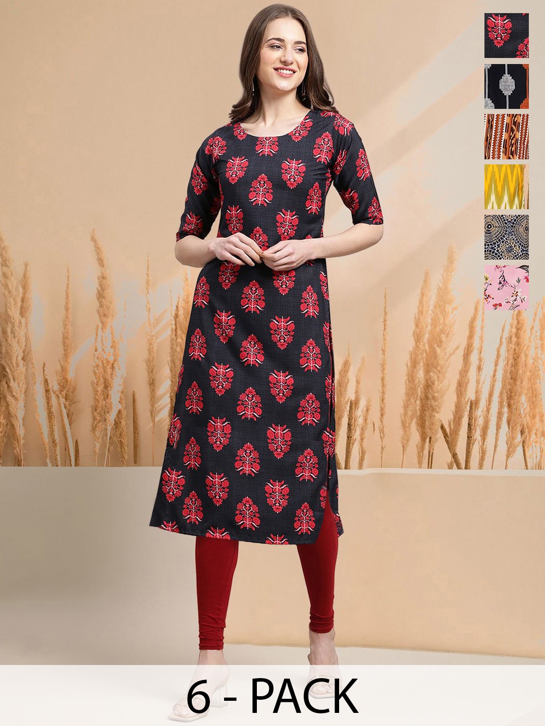 

7Threads Selection of 6 Floral Printed Round Neck Straight Kurtas, Navy blue