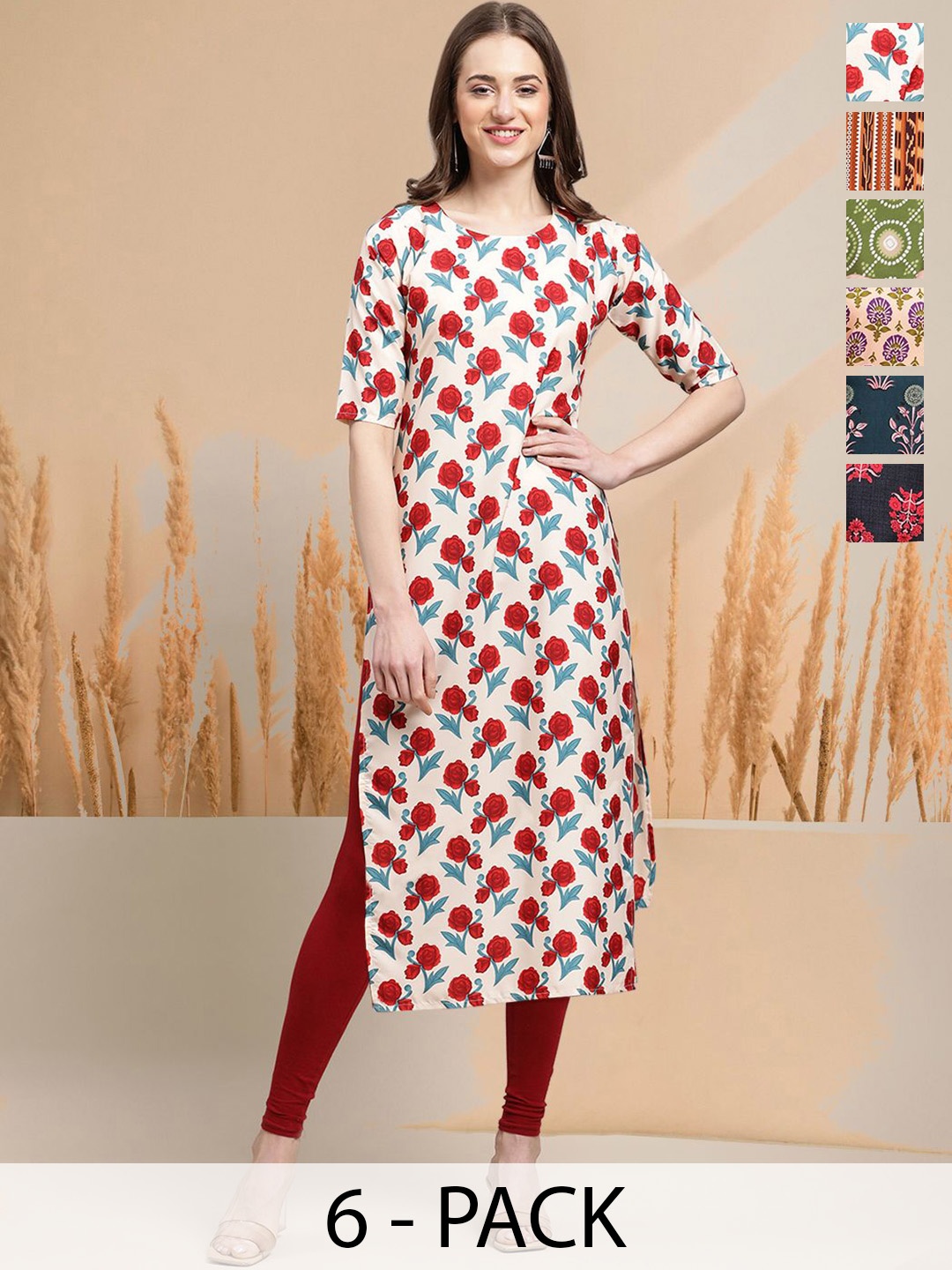 

7Threads Selection of 6 Floral Printed Round Neck Straight Kurtas, Cream