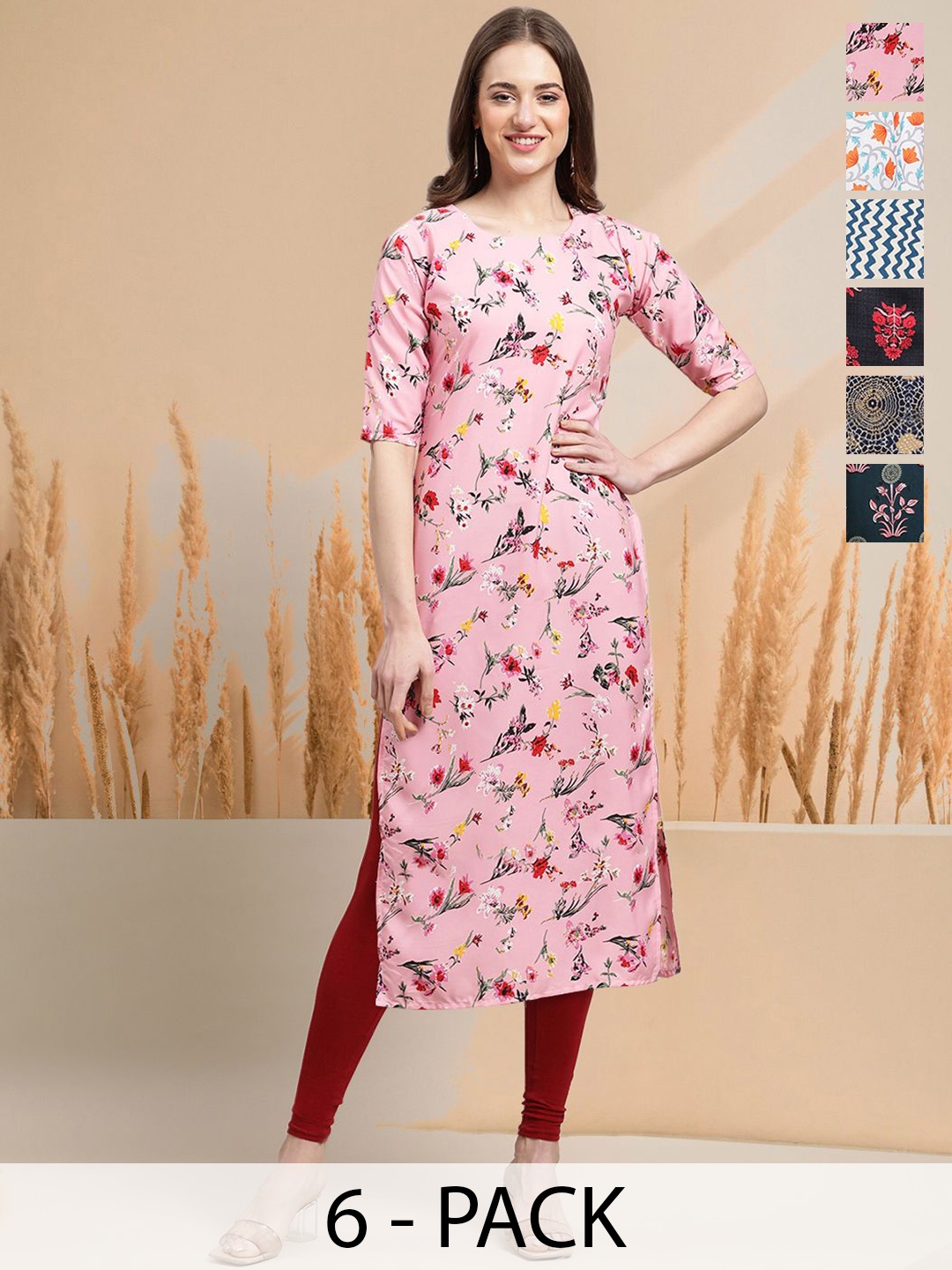 

7Threads Selection of 6 Floral Printed Round Neck Straight Kurtas, Pink