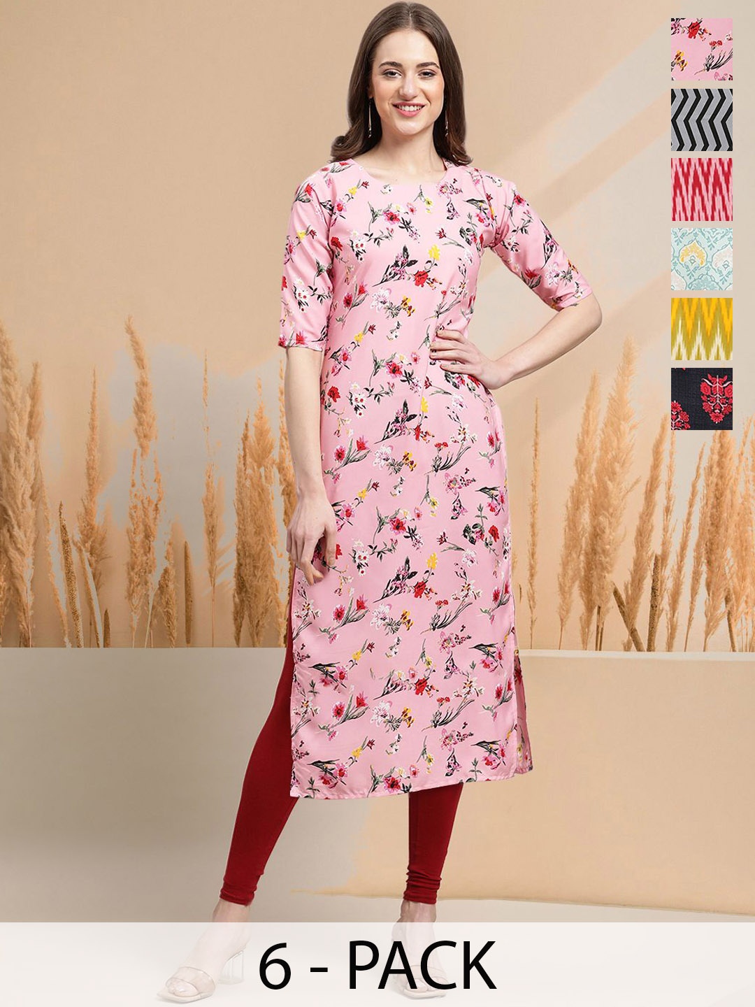 

7Threads Selection of 6 Floral Printed Round Neck Straight Kurtas, Pink