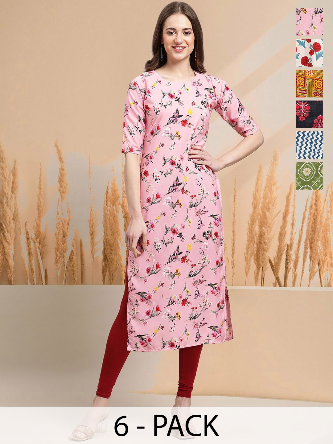 

7Threads Selection of 6 Floral Printed Round Neck Straight Kurtas, Pink