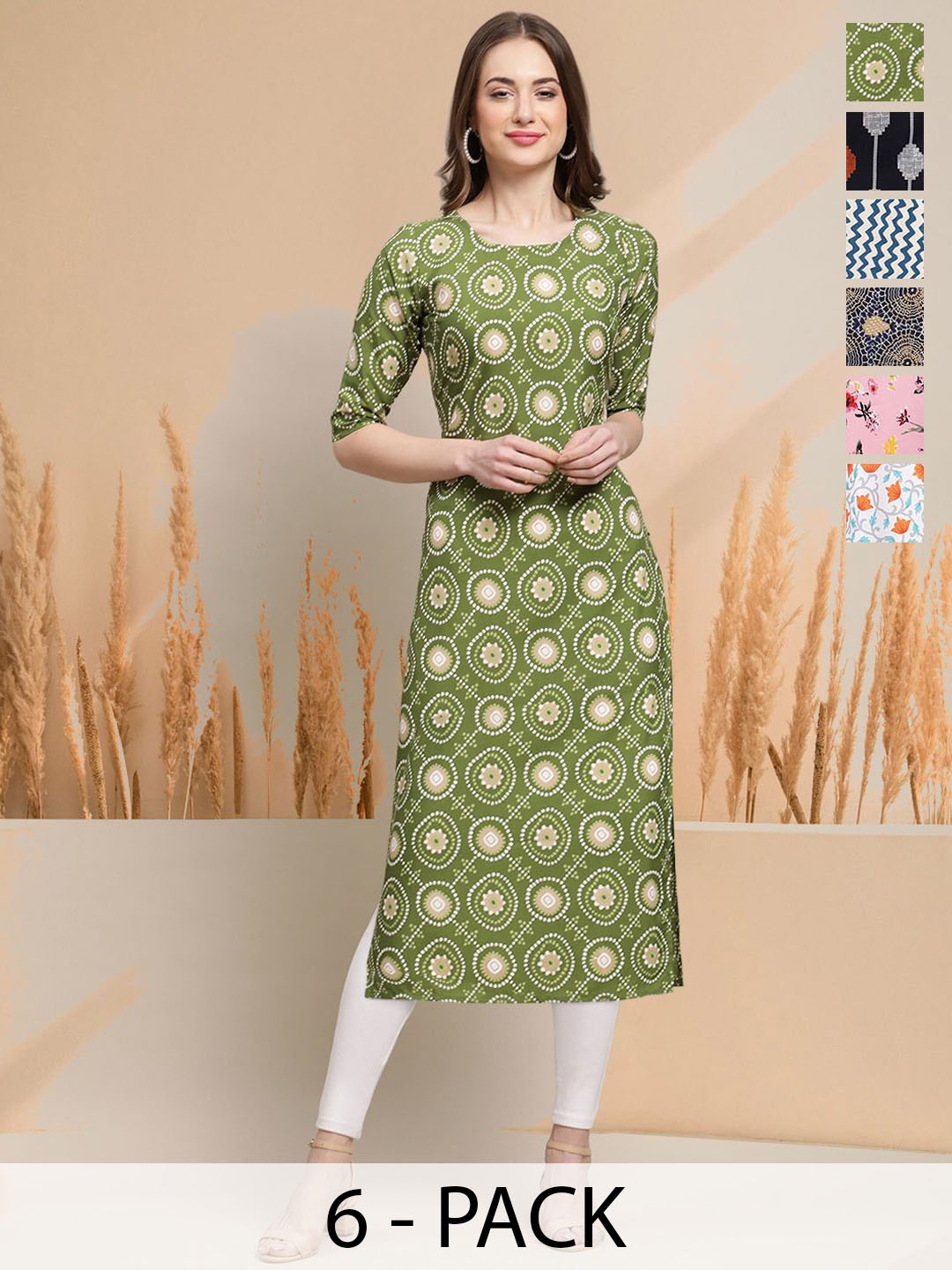 

7Threads Selection of 6 Geometric Printed Round Neck Straight Kurtas, Green