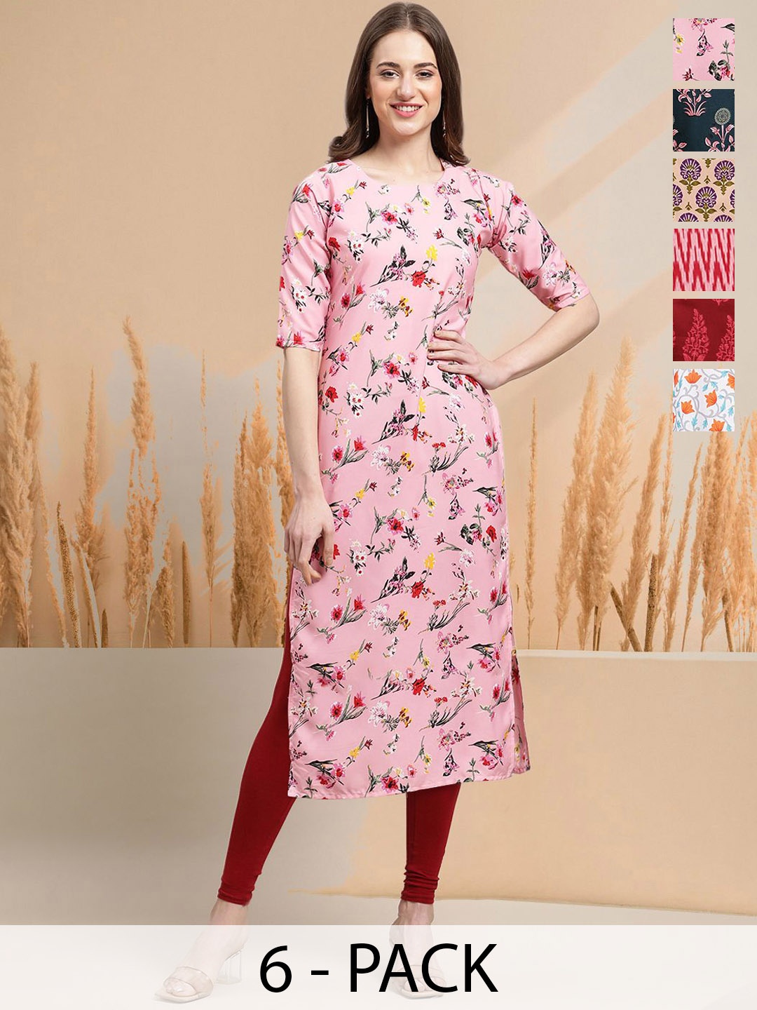 

7Threads Selection of 6 Floral Printed Round Neck Straight Kurta, Pink