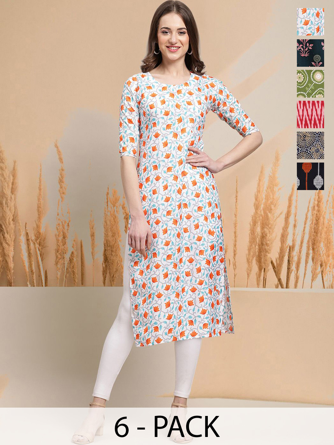 

7Threads Selection of 6 Floral Printed Round Neck Straight Kurtas, White