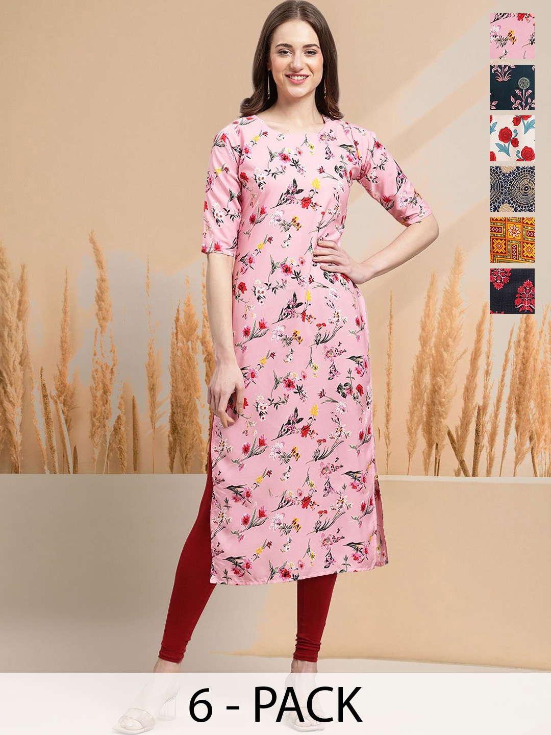 

7Threads Selection Of 6 Floral Printed Straight Kurtas, Pink