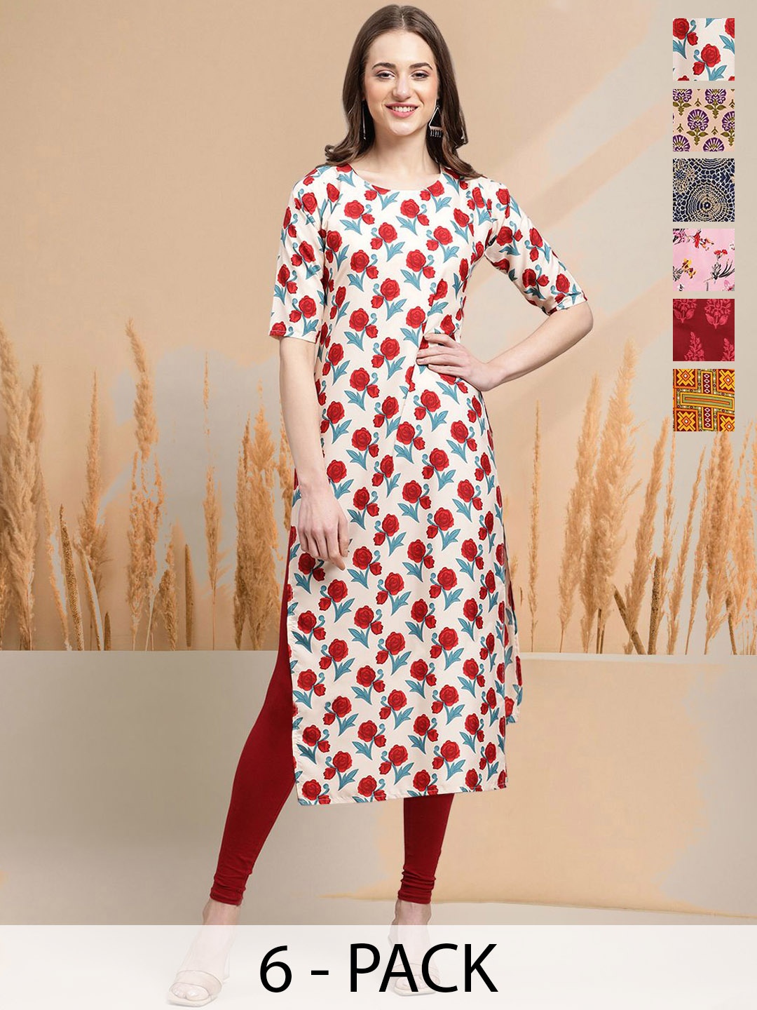 

7Threads Selection of 6 Floral Printed Round Neck Straight Kurta, White