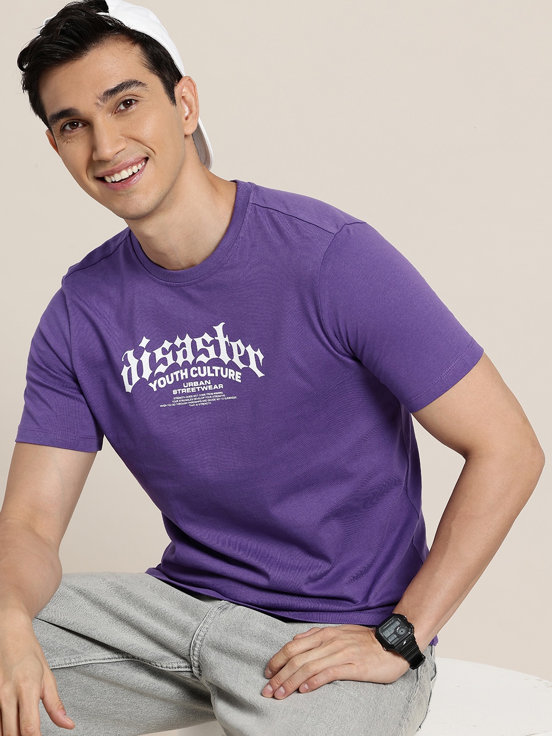HERE&NOW Pure Cotton Typography Printed T-Shirt, Purple