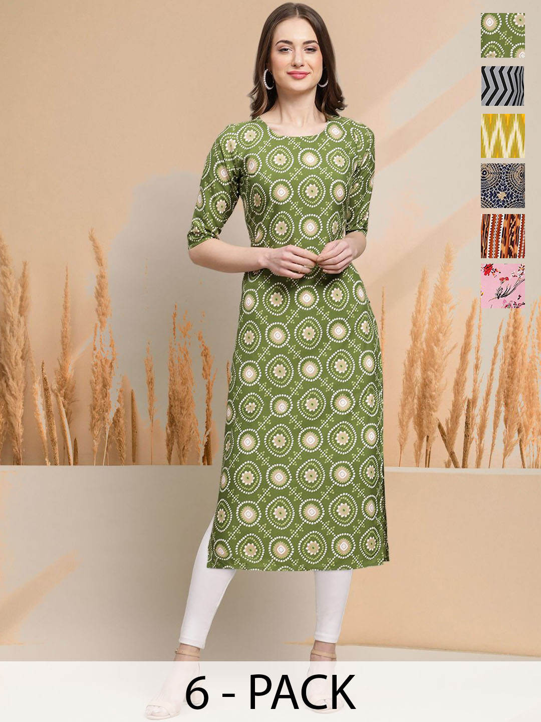 

7Threads Selection Of 6 Geometric Printed Round Neck Straight Kurtas, Green