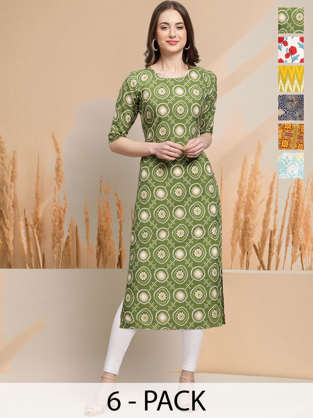 

7Threads Selection Of 6 Geometric Printed Straight Kurtas, Green