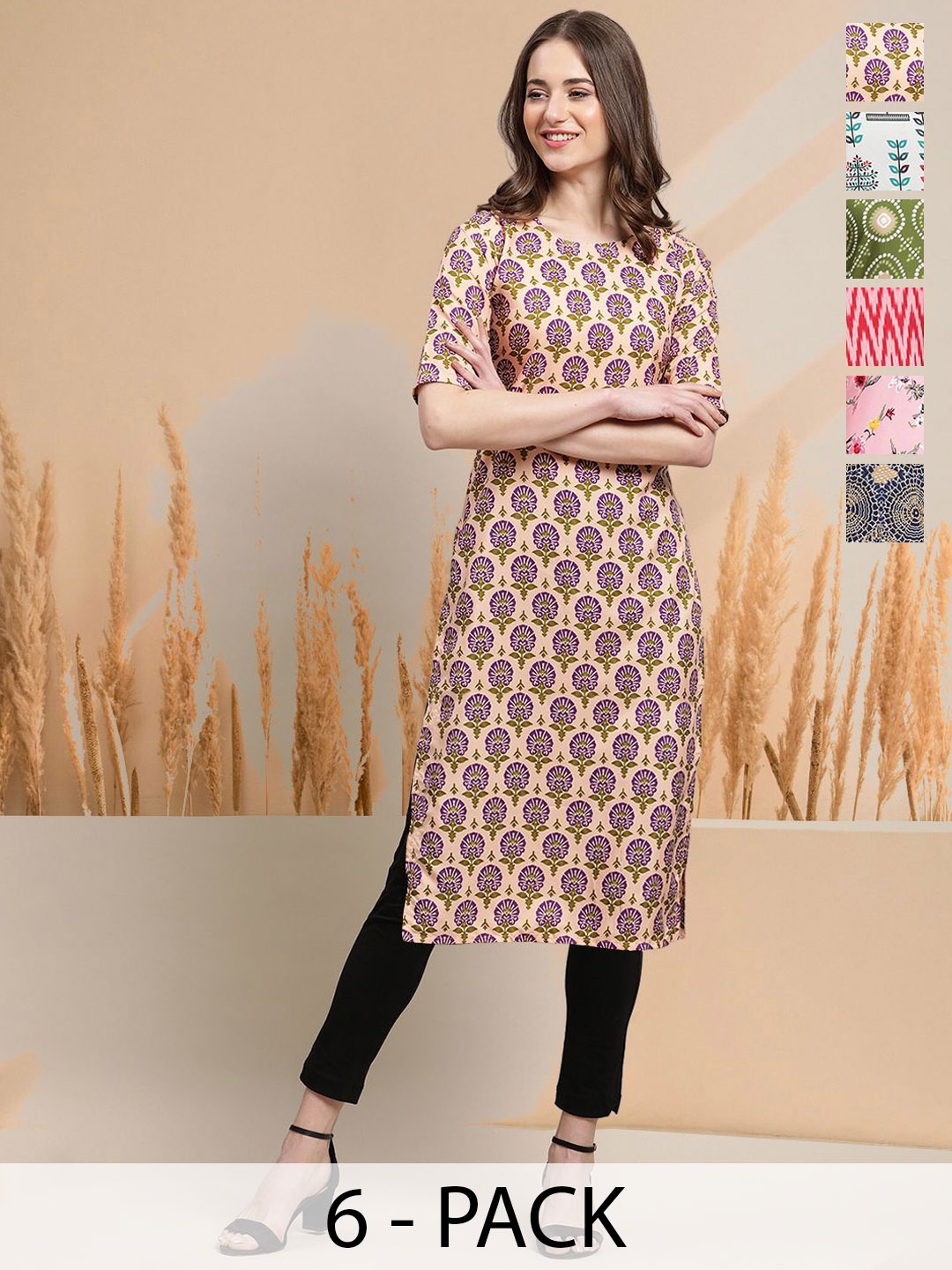 

7Threads Selection Of 6 Floral Printed Round Neck Straight Kurtas, Peach
