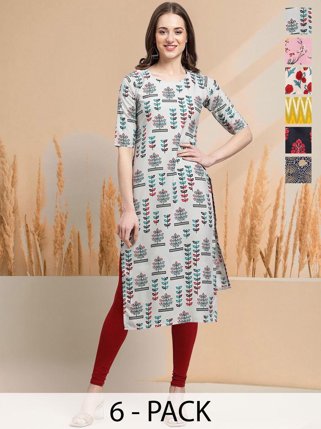 

7Threads Selection of 6 Floral Printed Round Neck Straight Kurta, White