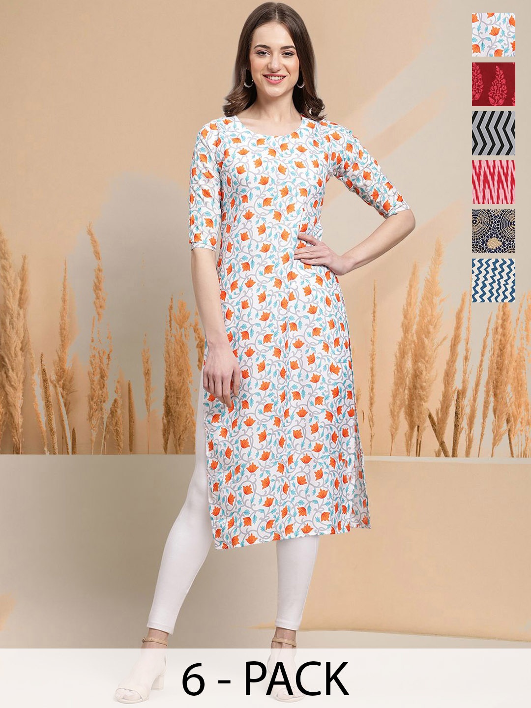 7Threads Selection Of 6 Floral Printed Round Neck Straight Kurtas, White