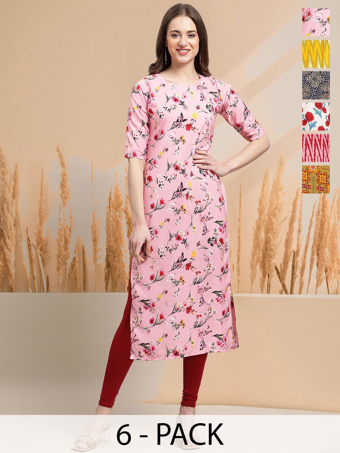 

7ThreadsSelection of 6 Floral Printed Round Neck Straight Kurtas, Pink